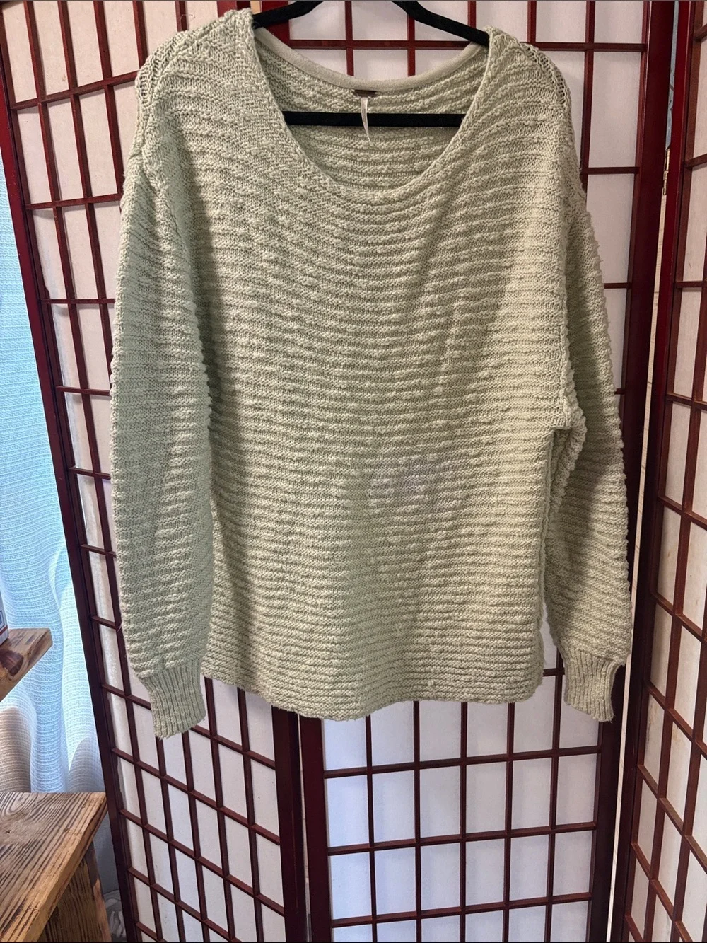 Free People Cream Textured Knit Crewneck Sweater. But very oversized